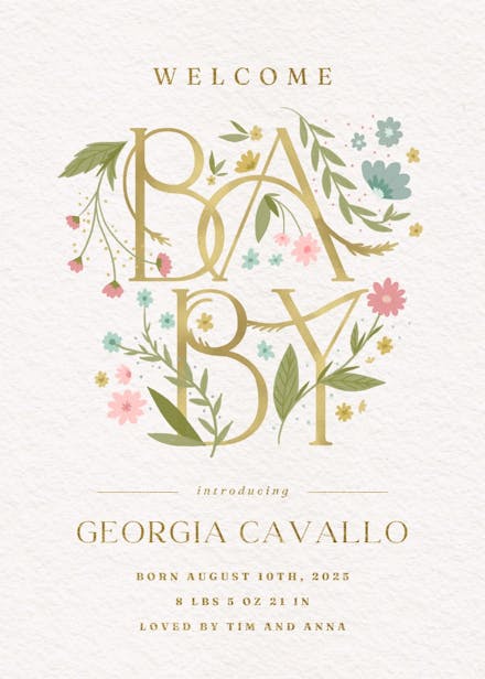 Baby blooms glitter - birth announcement card