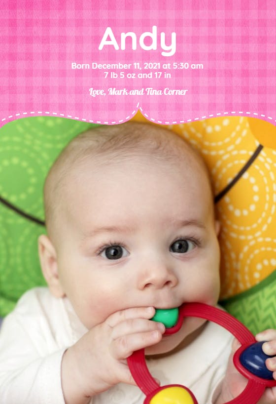 Baby girl pink checkered - birth announcement card