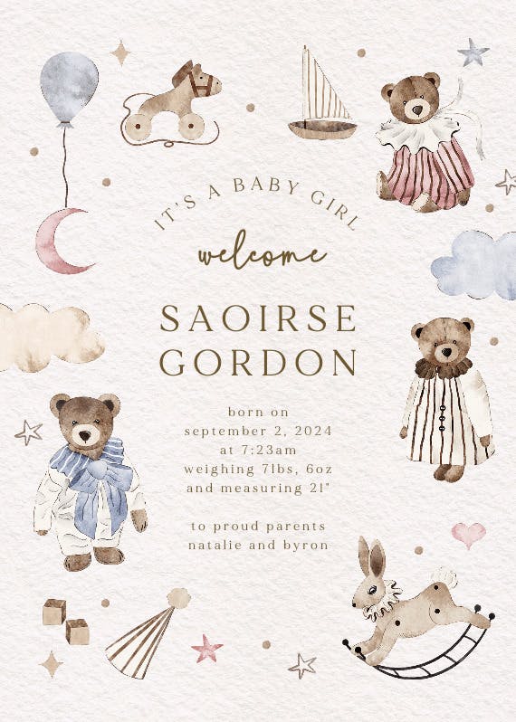 Beary sweet - birth announcement card