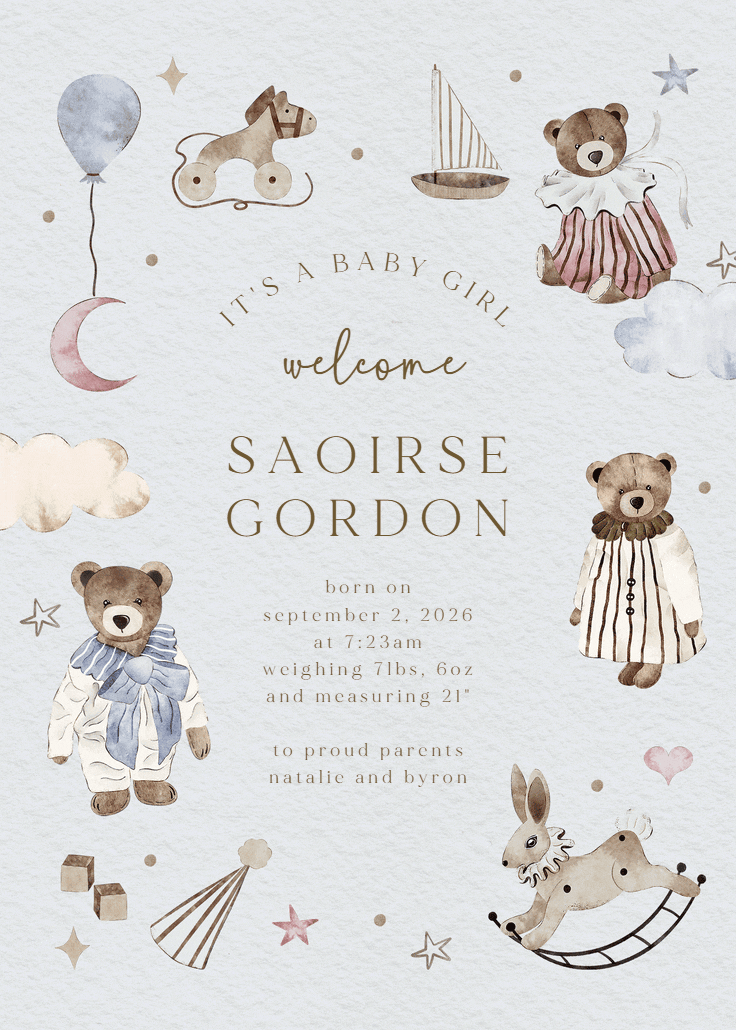 Beary sweet - birth announcement card