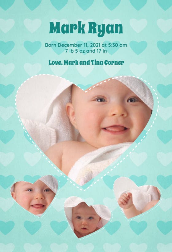 Blue heart shaped - birth announcement card