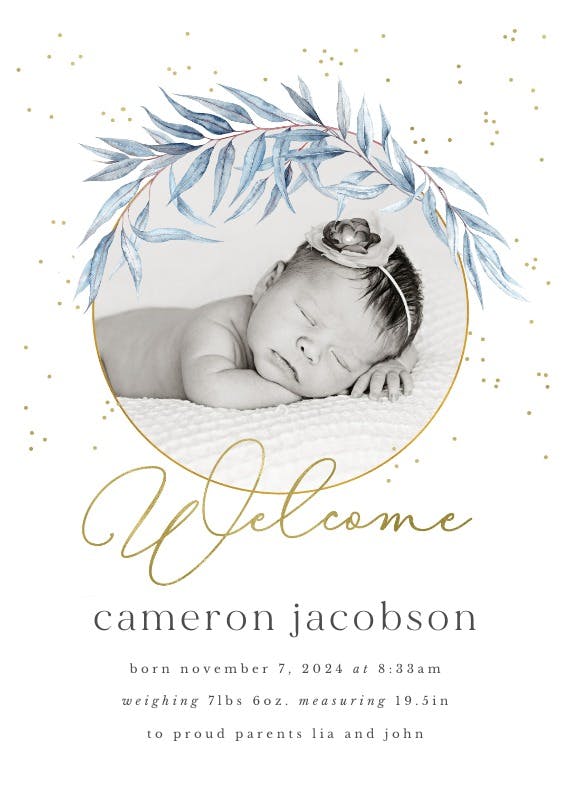 Blue wreath - birth announcement card