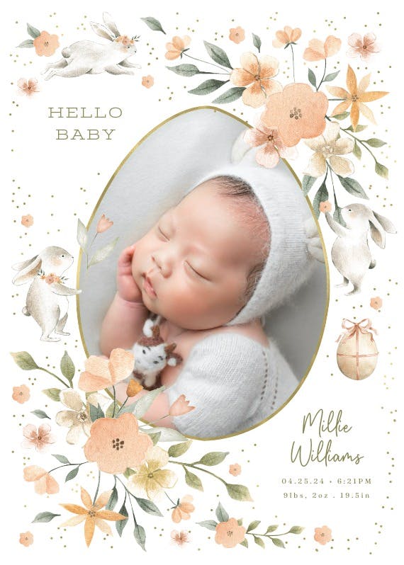 Bunny and flowers wreath - birth announcement card