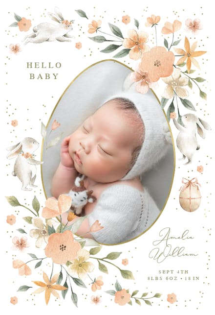 Bunny and flowers wreath - Anuncio De Nacimiento