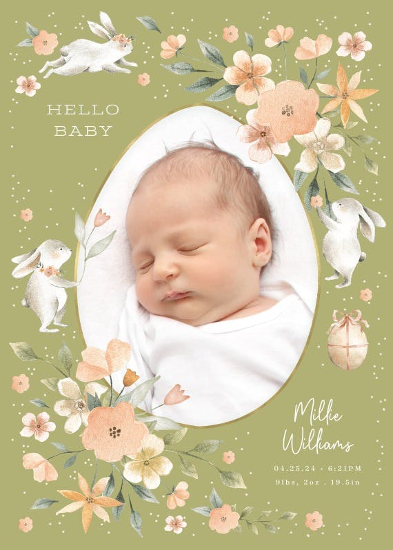 Bunny and flowers wreath - birth announcement card