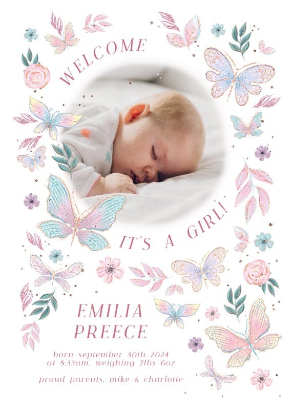 Butterfly florals - birth announcement card