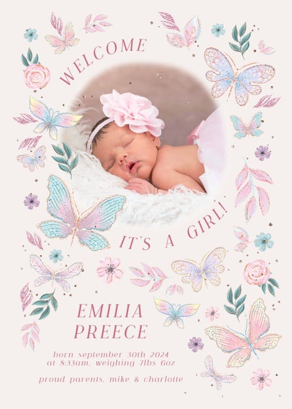 Butterfly florals - birth announcement card