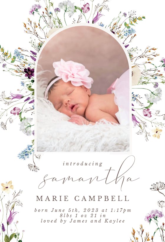 Dainty Wild Flowers Birth Announcement Template Greetings Island
