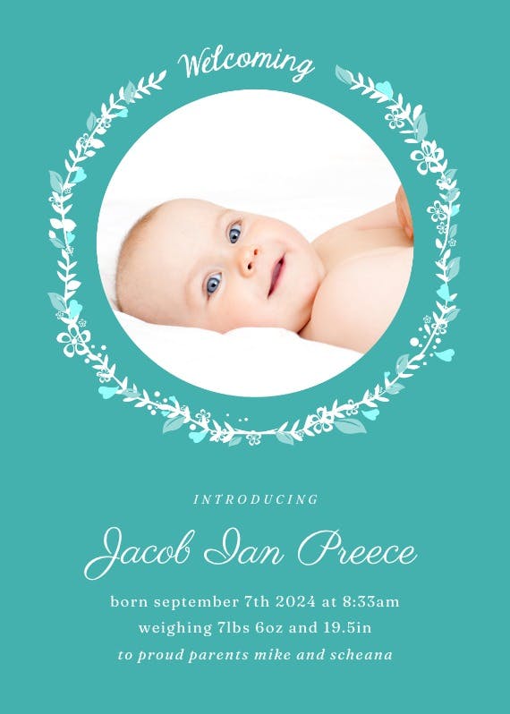 Floral circle baby boy -  announcement card template