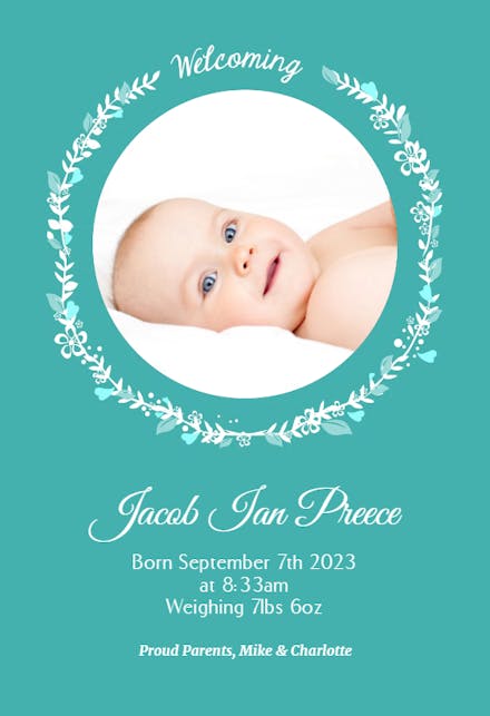 Floral Circle Baby Boy - Birth Announcement Card