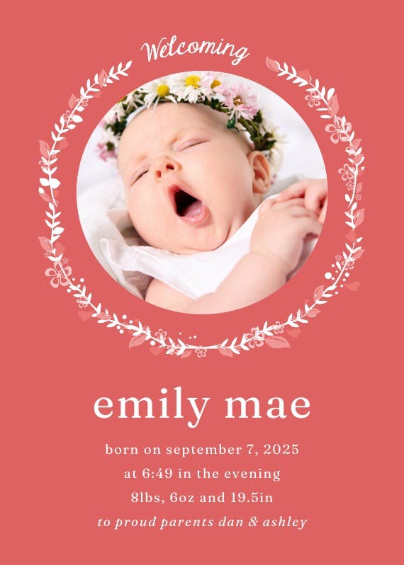 Floral circle baby girl - birth announcement card