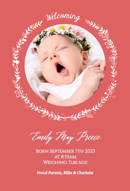 Floral Circle Baby Girl - Birth Announcement Card