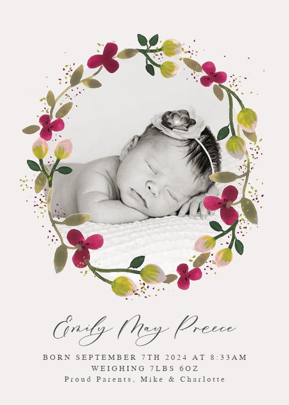 Floral happiness - birth announcement card