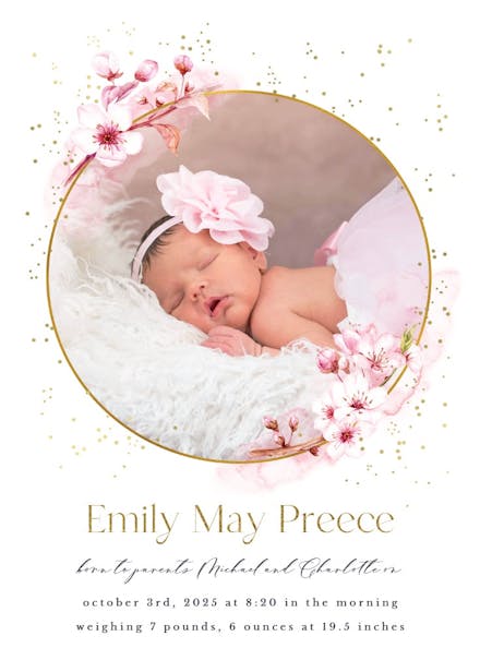 Floral sakura - birth announcement card
