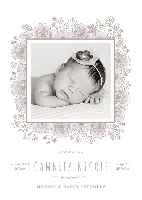 Floral wrap - birth announcement card