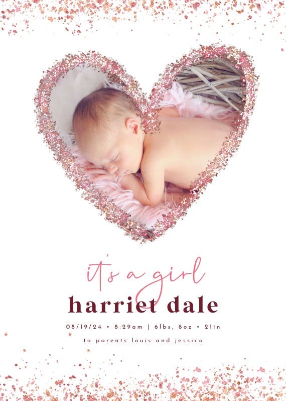 Glitter heart - birth announcement card