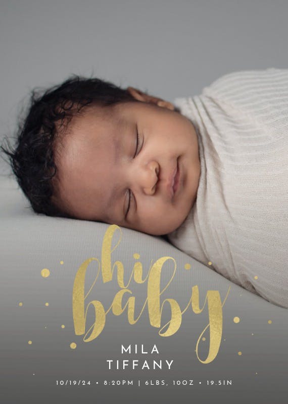 Golden lettering - birth announcement card