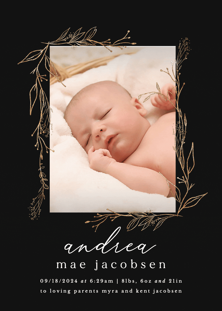 Golden outline branches - birth announcement card