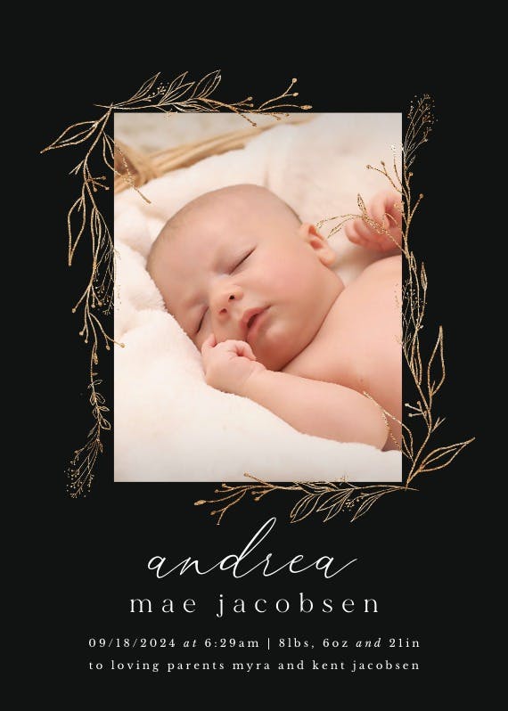 Golden outline branches - birth announcement card