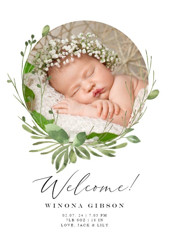 Greenery wreath - birth announcement card