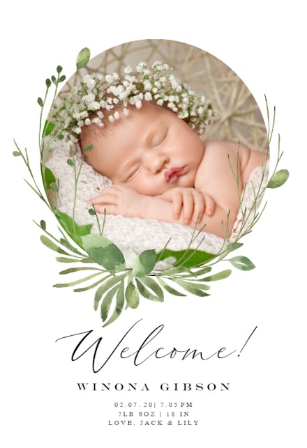 Greenery wreath - Birth Announcement Card