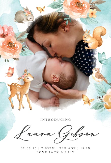 Happy Floral Forest - Birth Announcement Card