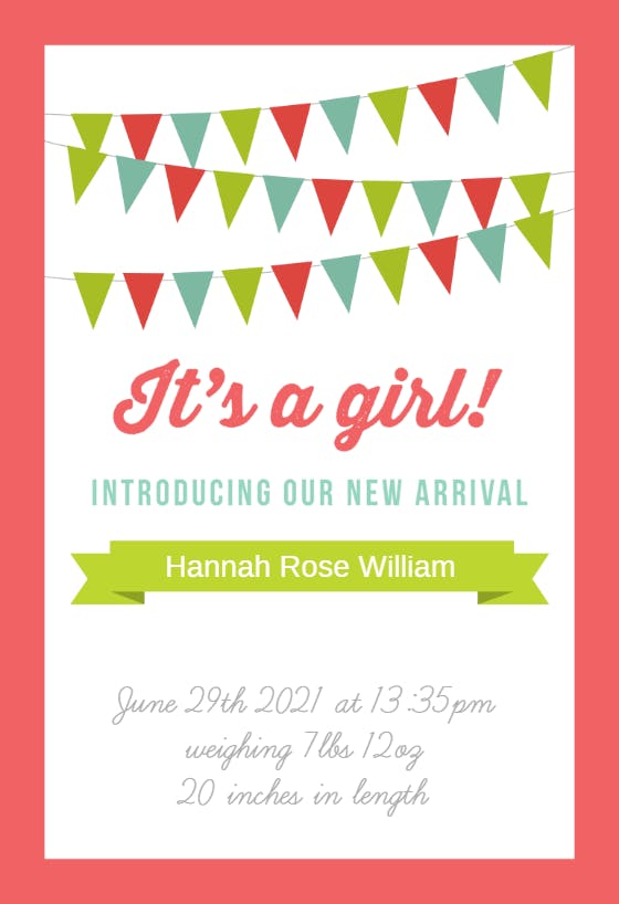 Hello baby girl -  announcement card template