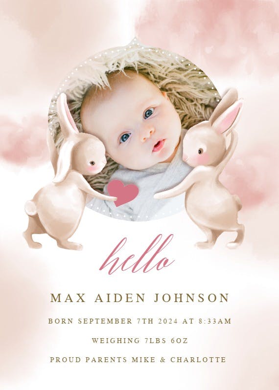 Hello bunnies - birth announcement card