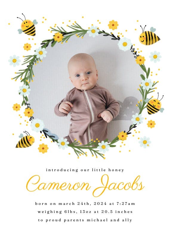 Honey bee wreath - birth announcement card