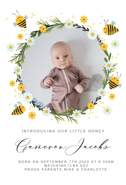 Honey Bee Wreath - Birth Announcement Card