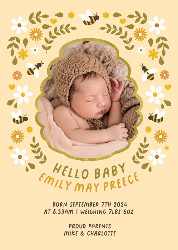 Honey bees photo - birth announcement card