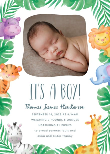 Jungle animal - birth announcement card