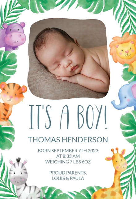 Jungle Animal - Birth Announcement Card