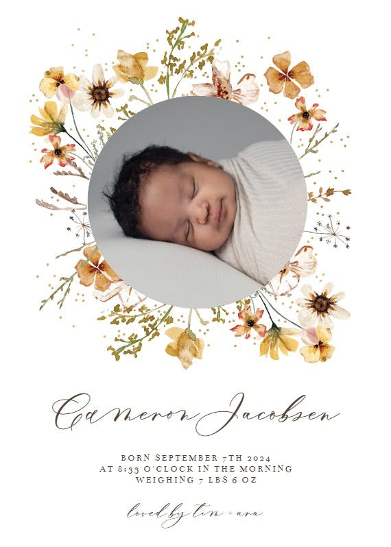 Meadow yellow flowers wreath - birth announcement card