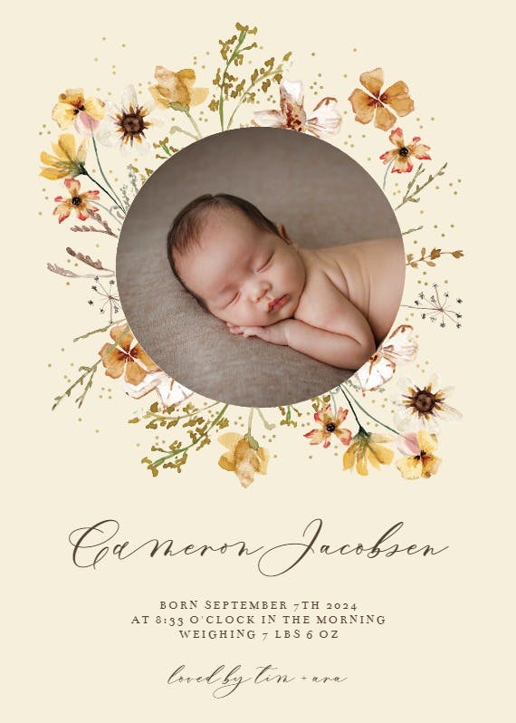 Meadow yellow flowers wreath - birth announcement card