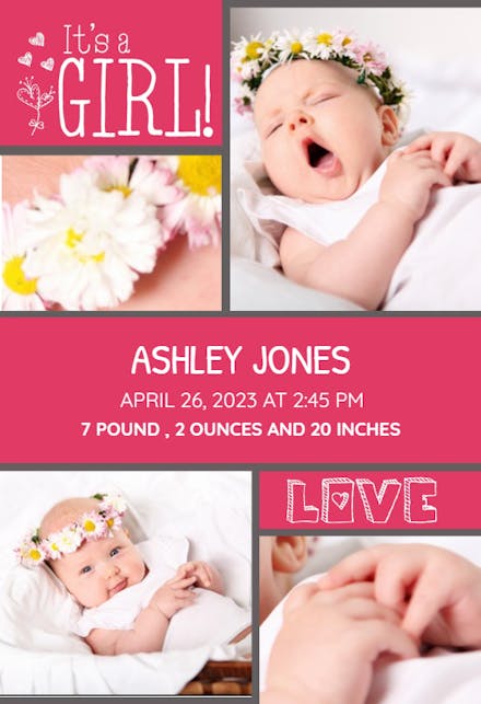 Must Be Love Baby Girl - Birth Announcement Card