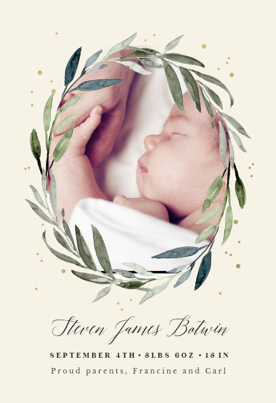 Olive leaves wreath - birth announcement card