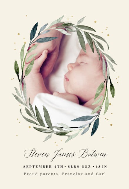 Olive leaves wreath - Birth Announcement Card