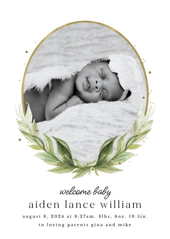 Oval frame & laurel - birth announcement card
