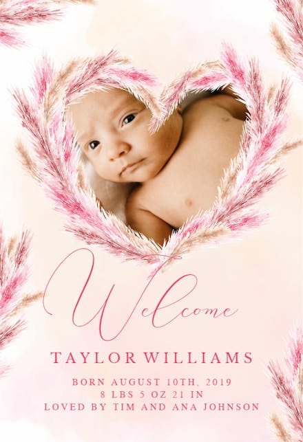 Pampas heart - Birth Announcement Card
