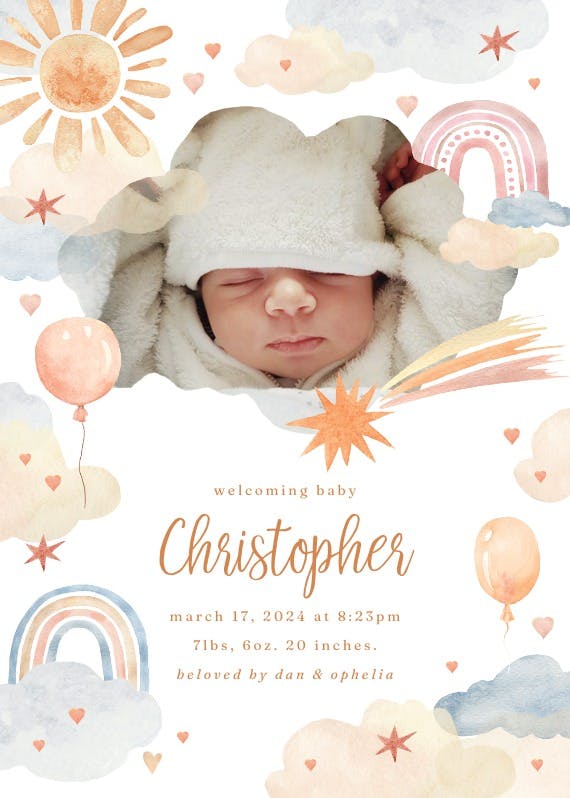 Pastel clouds and rainbows - birth announcement card