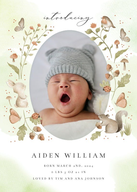 Pastel cute animals - birth announcement card