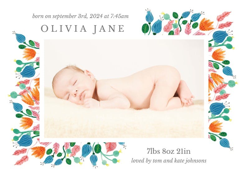 Pink leaves - birth announcement card