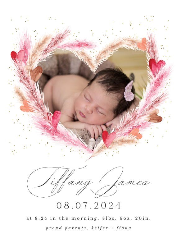 Pink pampas with hearts - birth announcement card