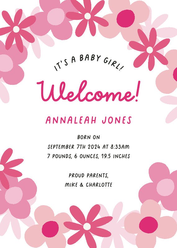 Pink petals - birth announcement card
