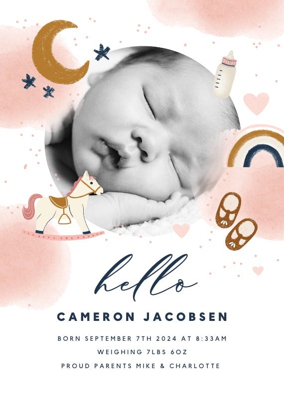 Pink stains and toys - birth announcement card