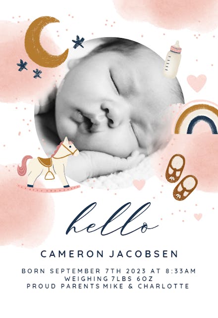 Pink Stains and Toys - Birth Announcement Card