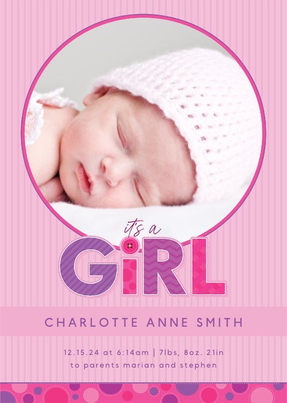 Pink stripes baby girl - birth announcement card