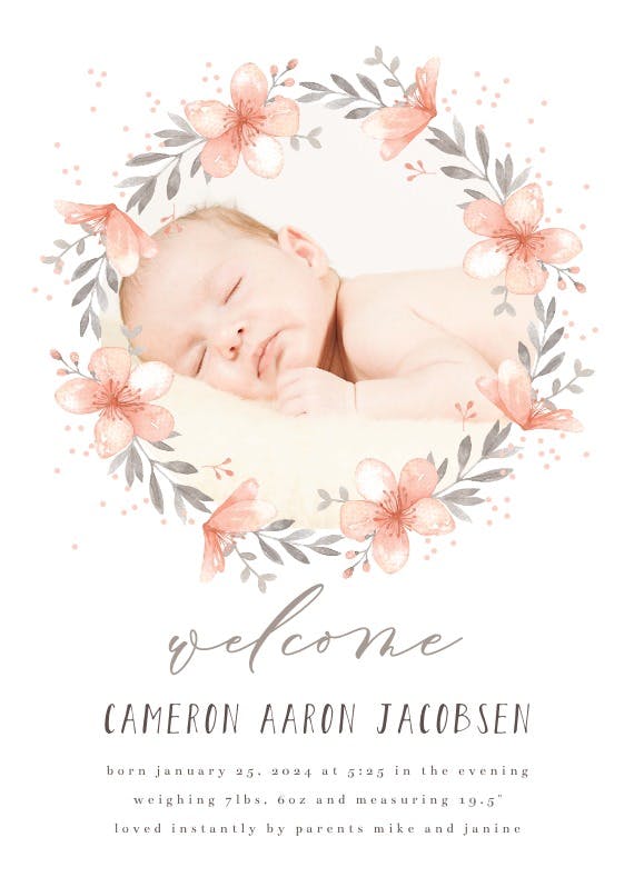 Pink watercolor wreath - birth announcement card