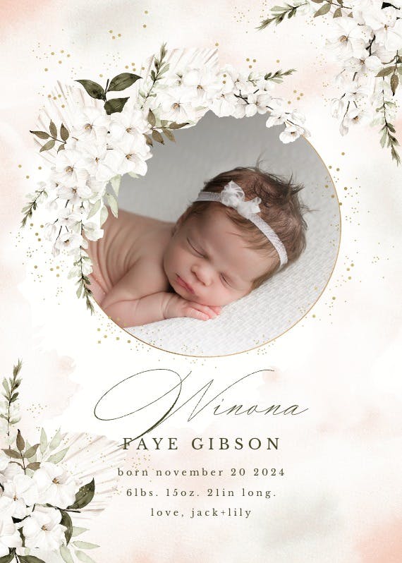 Romantic white flowers frame - birth announcement card
